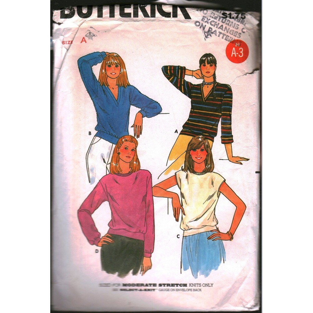 Vintage Butterick 6773 Misses Knit Tops Sewing Pattern V-Neck Round Neck Size M